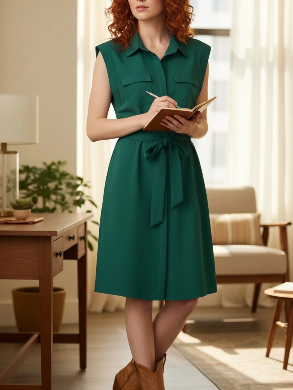Andrew Marc Women’s Size 14 Green Belted Shirt Dress Sleeveless Stretch Midi Uti